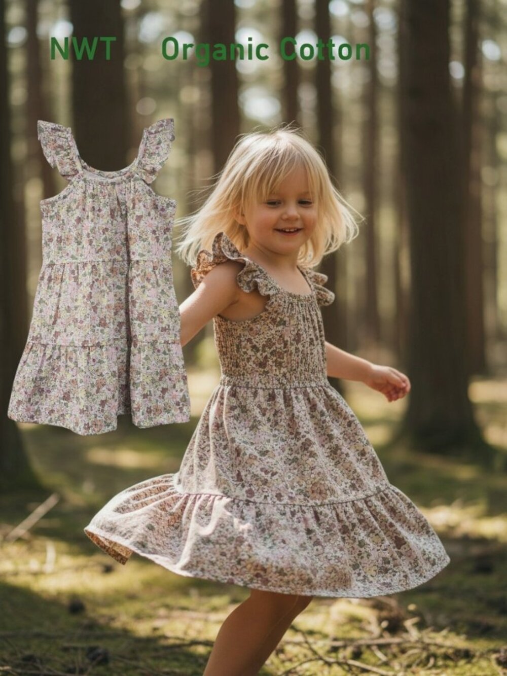 Organic Ruffle Tiered Floral Dress - Soft Muslin Makemake Organics size 2-3Y